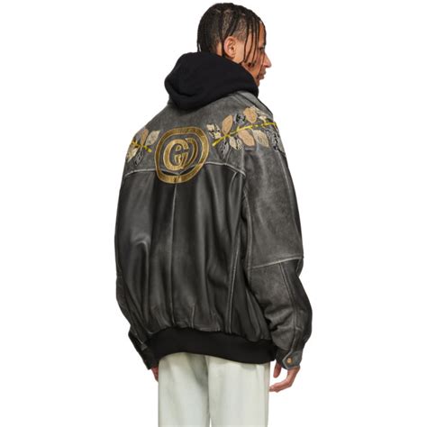 gucci black leather applique bomber jacket|gucci leather jacket price.